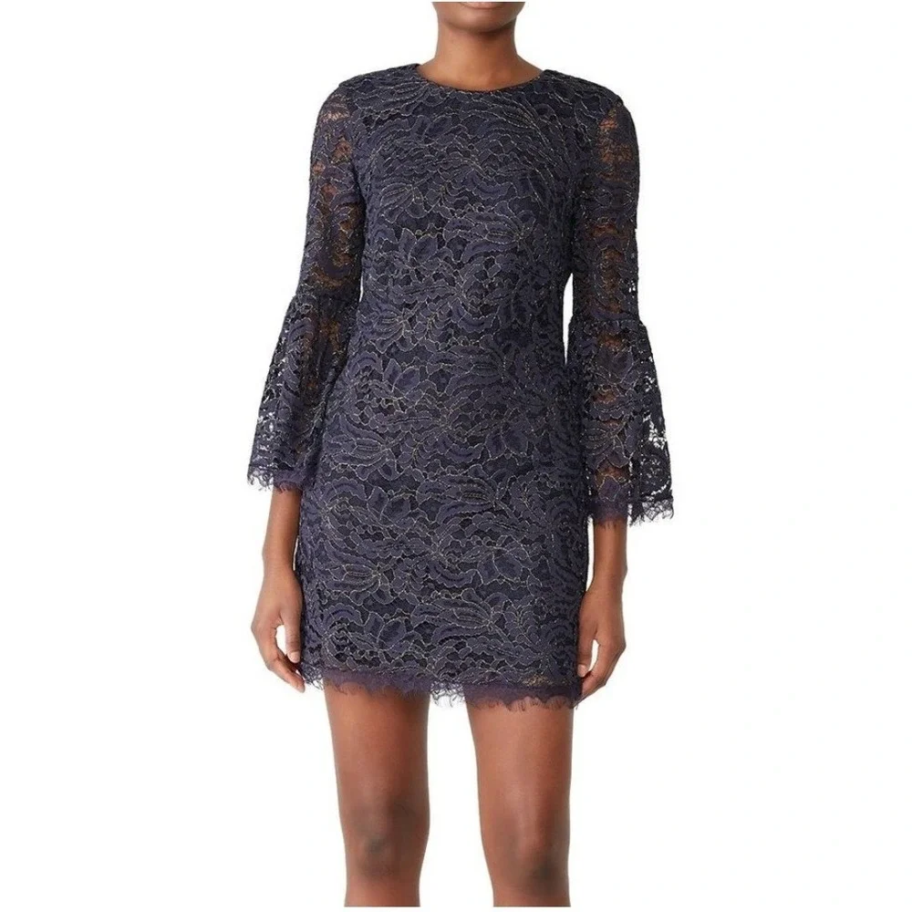 Dress The‎ Population Blue Lace Bell Sleeve Metallic Thread Dress Sz L Wedding